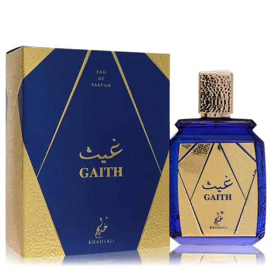 Unisex perfume bottle set with blue glass bottle and gold accents in a box