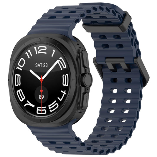Dark blue silicone watch band with perforated links and black watch face