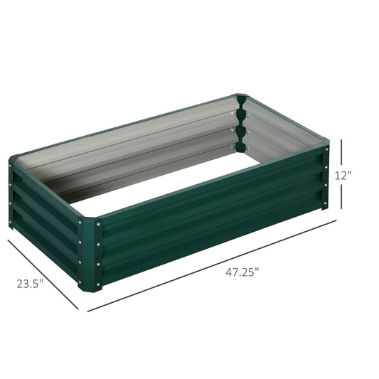 Green galvanized raised garden bed with open interior and four corner posts