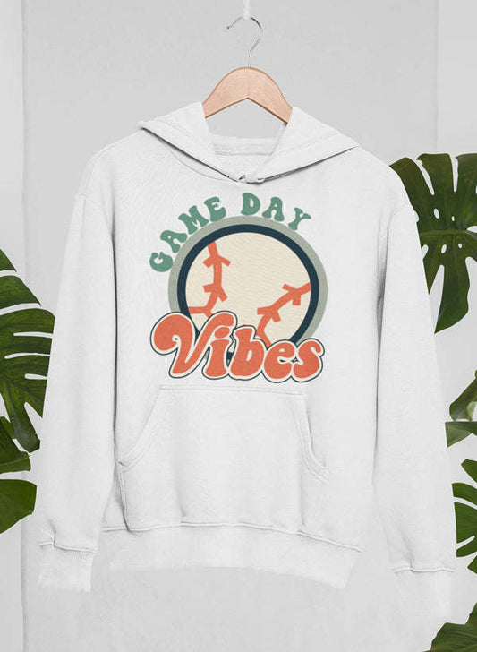 Game Day Vibes hoodie in white with front sports graphic, hood and kangaroo pocket