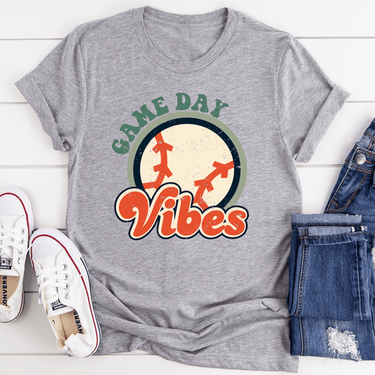 Heather gray t-shirt with 'Game Day Vibes' circular sports graphic centered on front