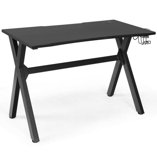 Black gaming desk with mousepad top and under-desk cup headphone holder