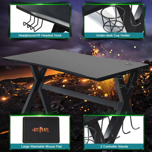 Black gaming desk with under-desk cup holder, headphone hook, and mouse pad