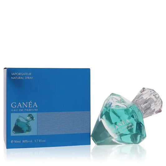 Ganea women's perfume: tilted teal bottle and blue box with label