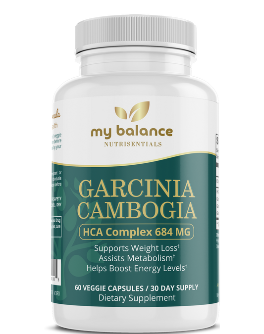 Dietary supplement bottle labeled my balance Garcinia Cambogia HCA Complex 684 mg