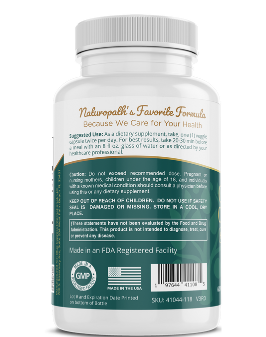 Dietary supplement bottle with green label, directions, and GMP seal