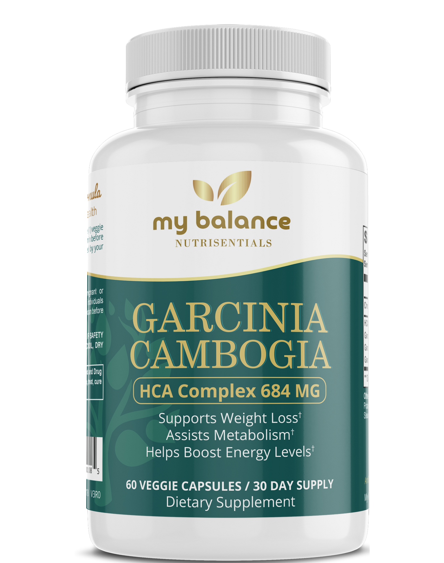 Garcinia Cambogia supplement bottle with 60 veggie capsules label, my balance
