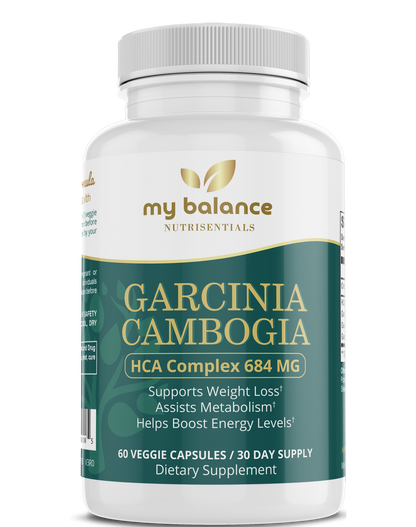 Garcinia Cambogia supplement bottle with 60 veggie capsules label, my balance