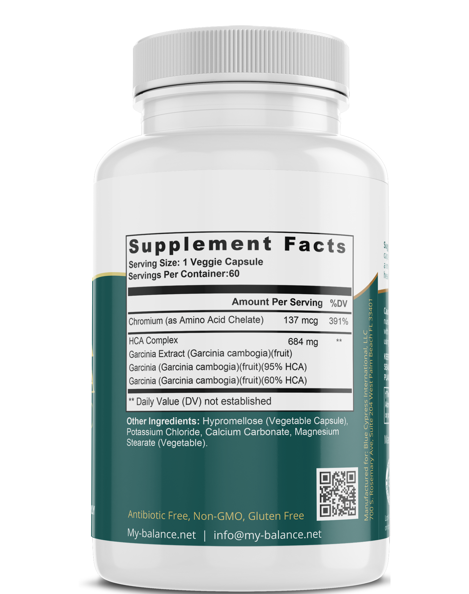 Supplement bottle Supplement Facts label with HCA Complex 684 mg, my balance