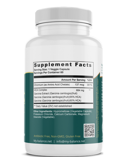 Supplement bottle Supplement Facts label with HCA Complex 684 mg, my balance