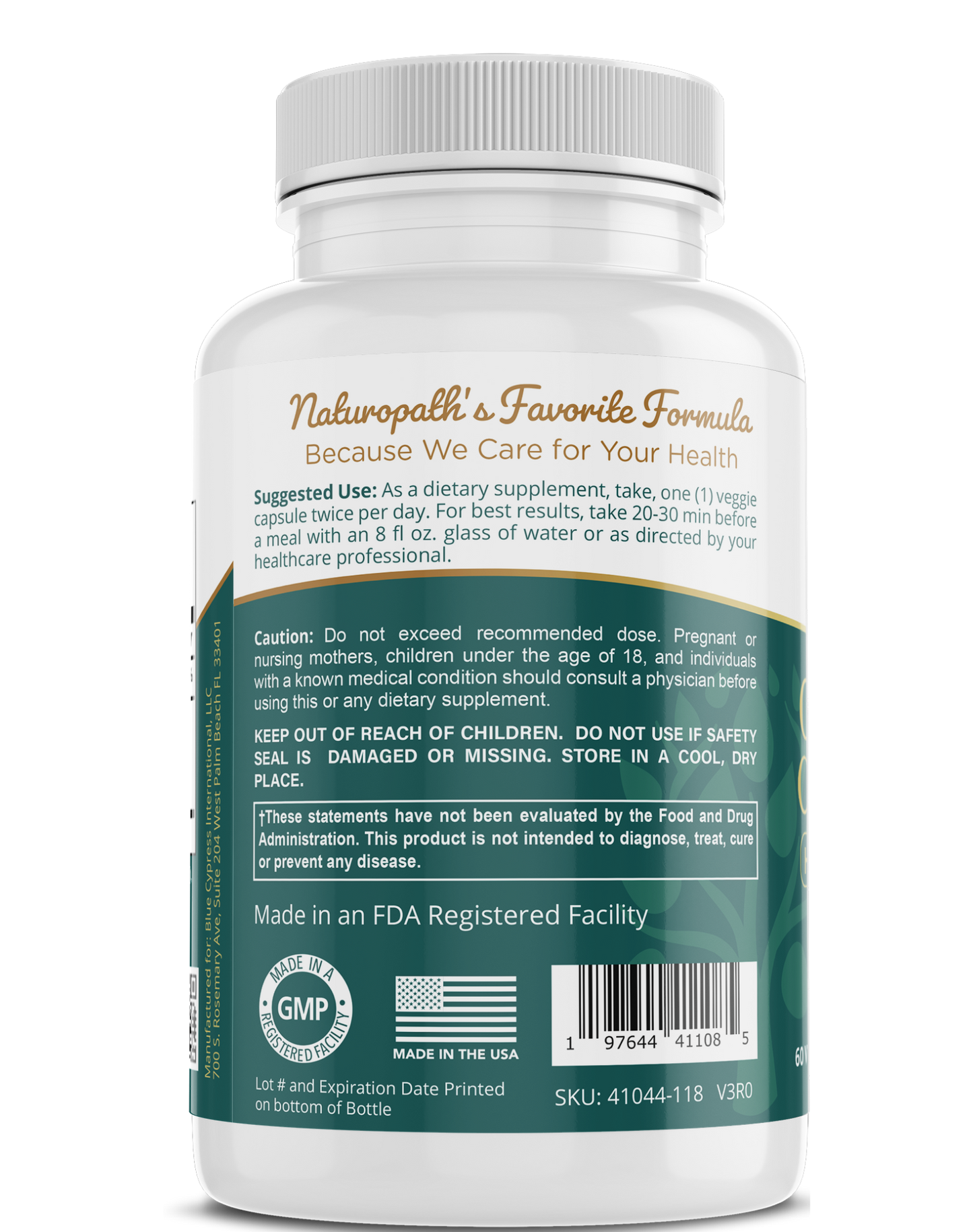 Supplement bottle back label with Naturaphal's Favorite Formula text, my balance