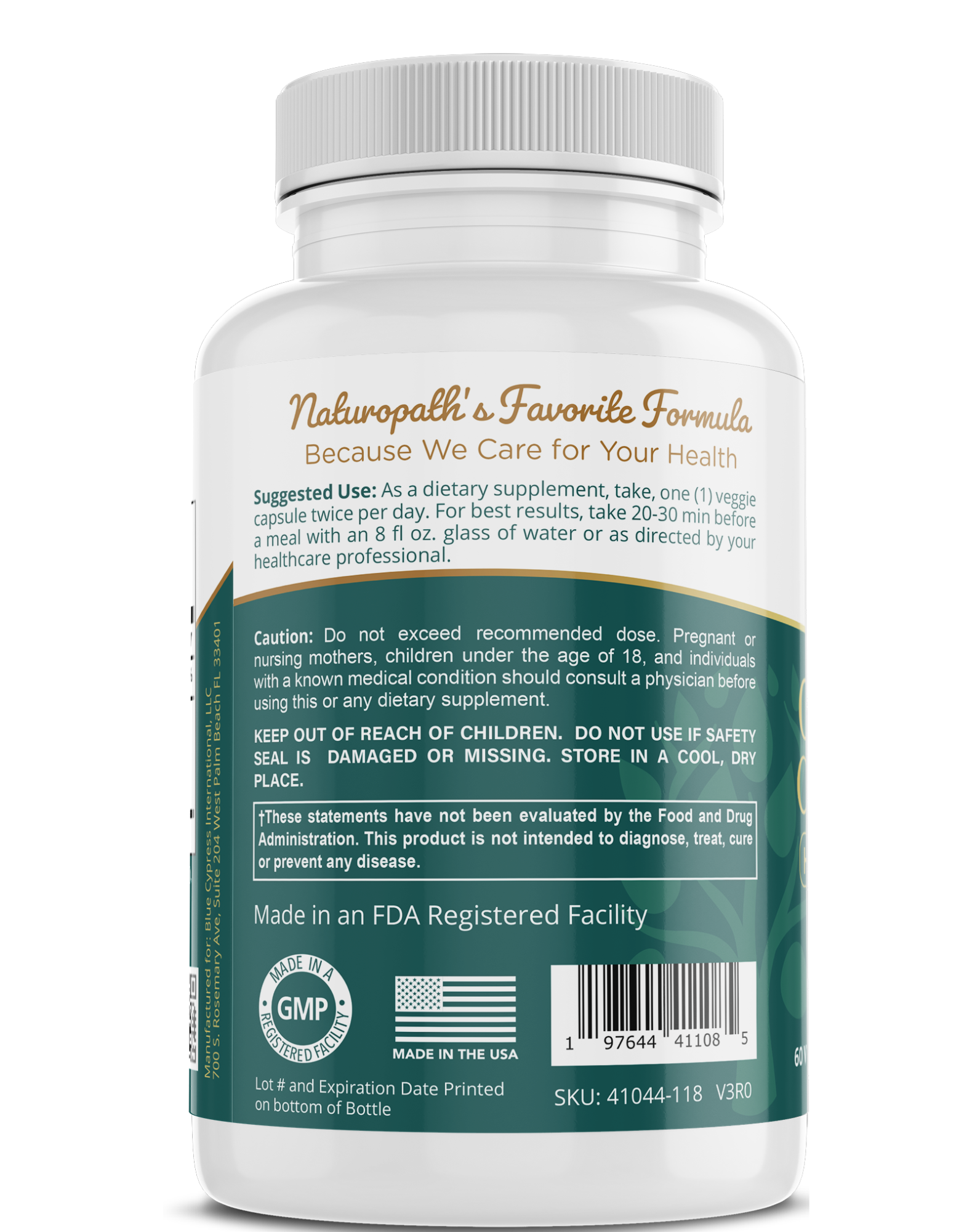 Supplement bottle back label with Naturaphal's Favorite Formula text, my balance