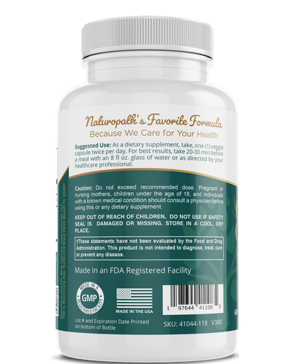 Supplement bottle back label with Naturaphal's Favorite Formula text, my balance
