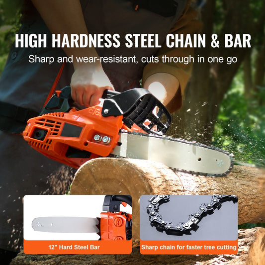Gas Chainsaw, 25.4CC 12" 1.2HP, Gasoline Powered Chain Saw, Handheld Cordless Petrol Chainsaws for Tree Wood Branch Cutting, Tree Trimming, Land Clearing, Farm Garden Ranch Forest Cutting Use - Renee Lane Company