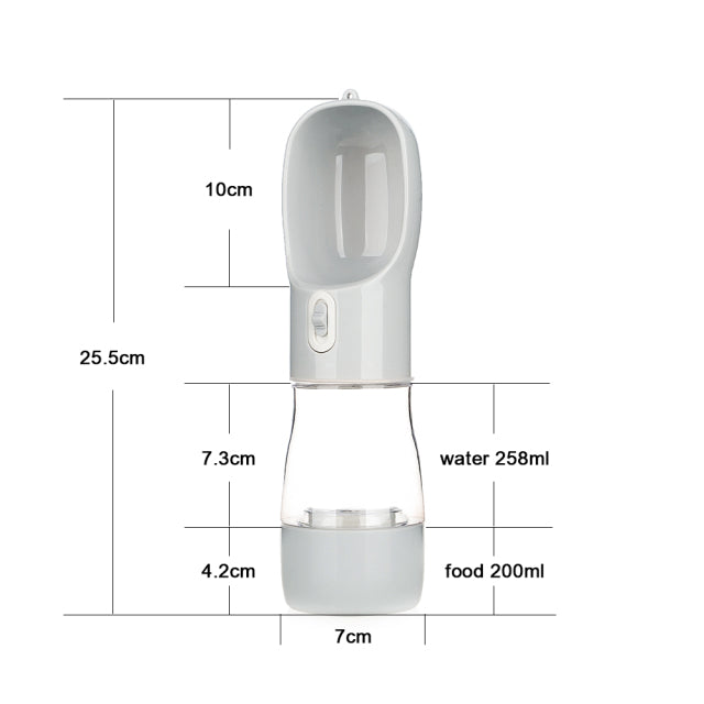 Grey pet water bottle feeder with dual capacities: water 258ml and food 200ml