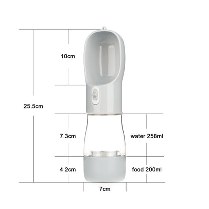 Grey pet water bottle feeder with dual capacities: water 258ml and food 200ml