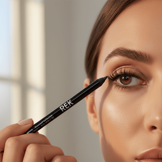 Gel eyeliner pencil being applied to the upper lash line, dark color