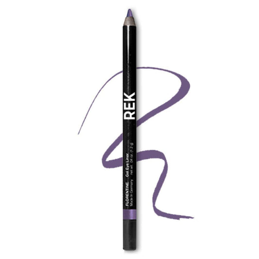 Gel eyeliner pencil with purple accent swatch on a white background