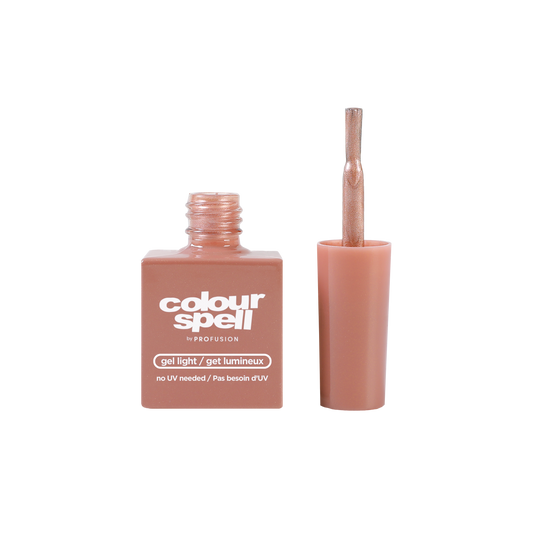 Copper gel nail polish bottle with applicator brush, light gel, glossy finish