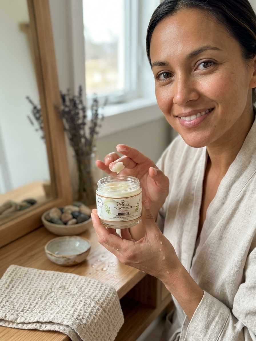 Person holding an open tallow balm jar with pale balm