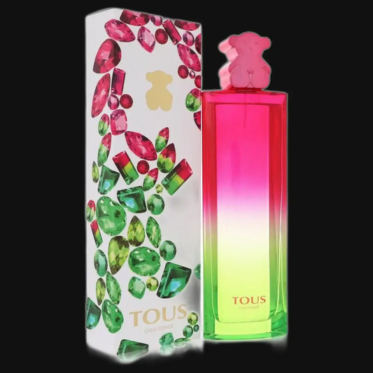 Women's Gems Power by Tous perfume bottle with pink-to-green gradient and bear cap; boxed