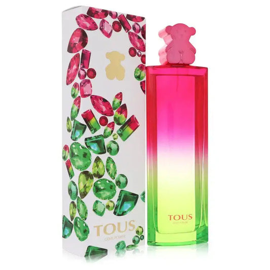 Women's Gems Power by Tous perfume bottle beside box; pink-to-green gradient, bear topper