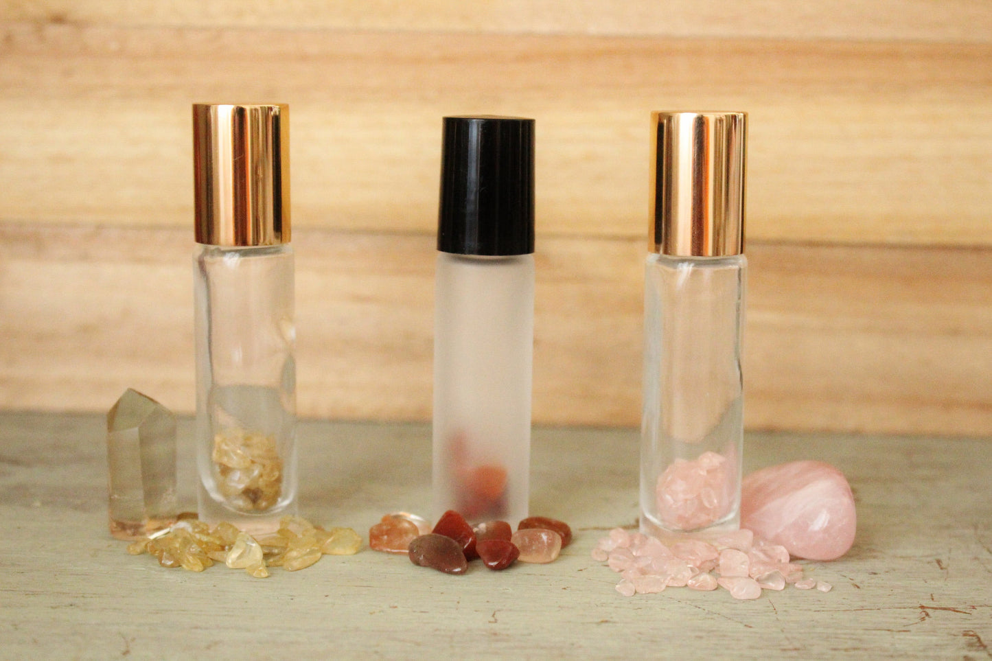 Gemstone roller bottle /Clear /Frosted /Gold lid /Rose Quartz /Green Aventurine /Garnet /Malachite /Citrine /Lapis Lazuli / Crystal roll on - Renee Lane Company