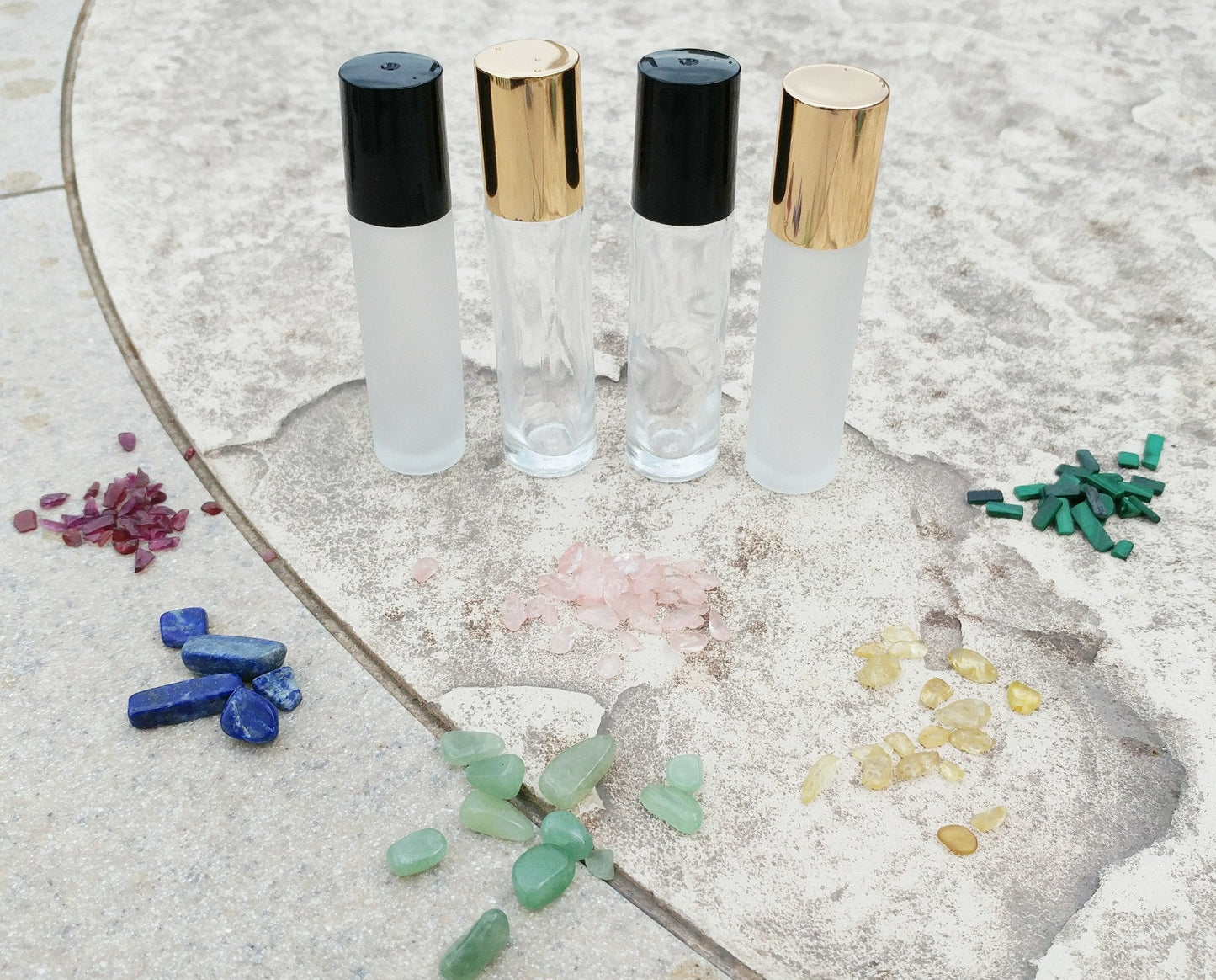 Gemstone roller bottle /Clear /Frosted /Gold lid /Rose Quartz /Green Aventurine /Garnet /Malachite /Citrine /Lapis Lazuli / Crystal roll on - Renee Lane Company