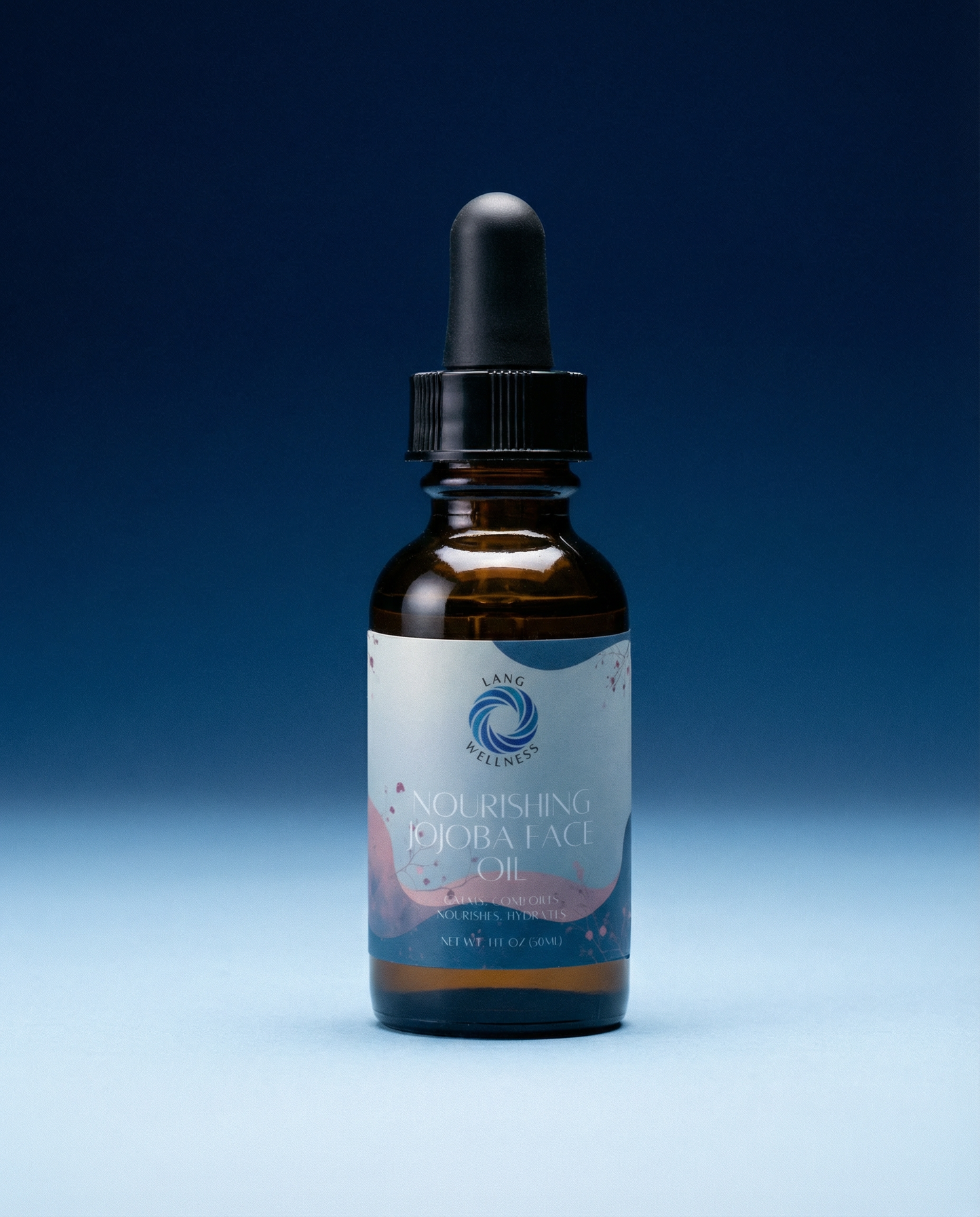 Jojoba face oil bottle with dropper, amber glass and black cap