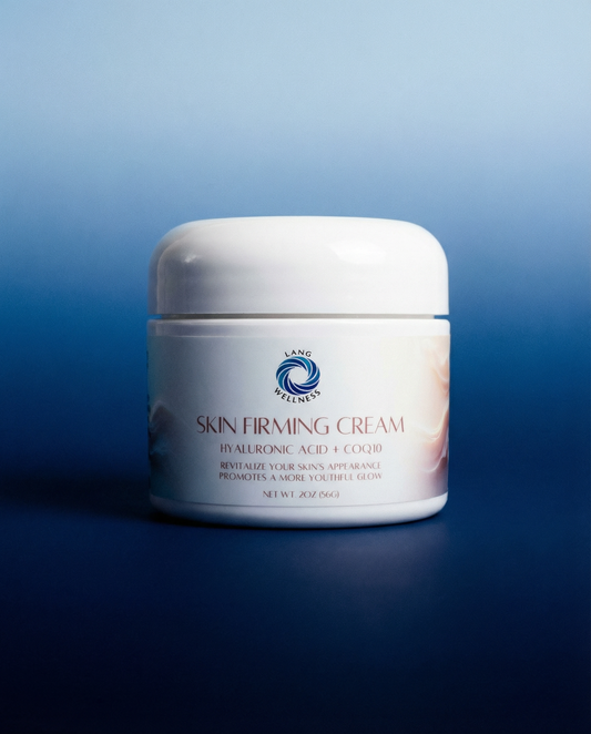 Skin firming cream jar with white lid and front label, blue swirl logo
