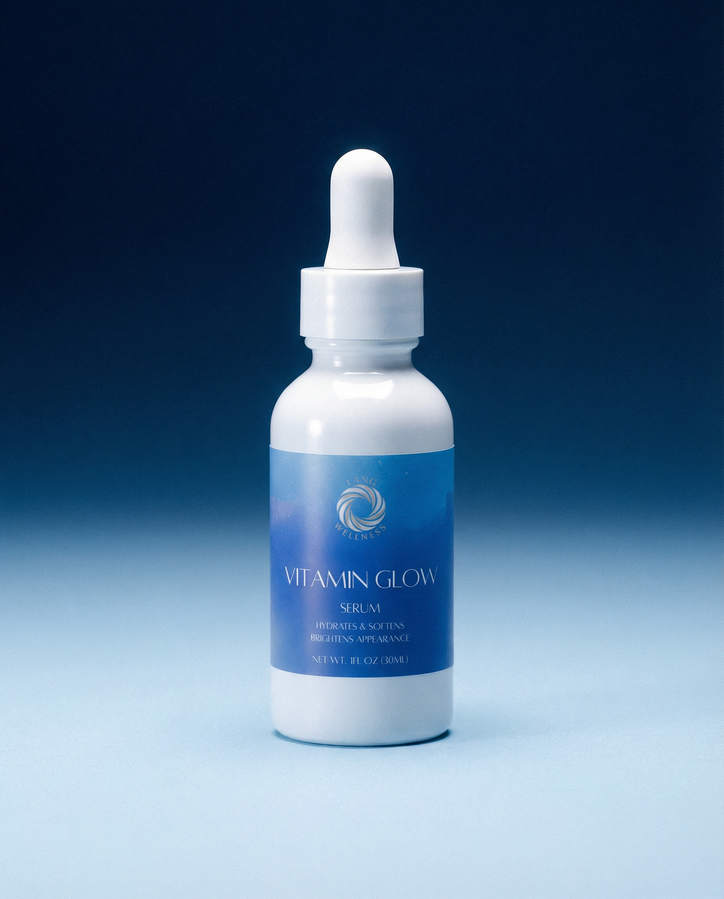 Vitamin glow serum bottle with white dropper, blue label on front