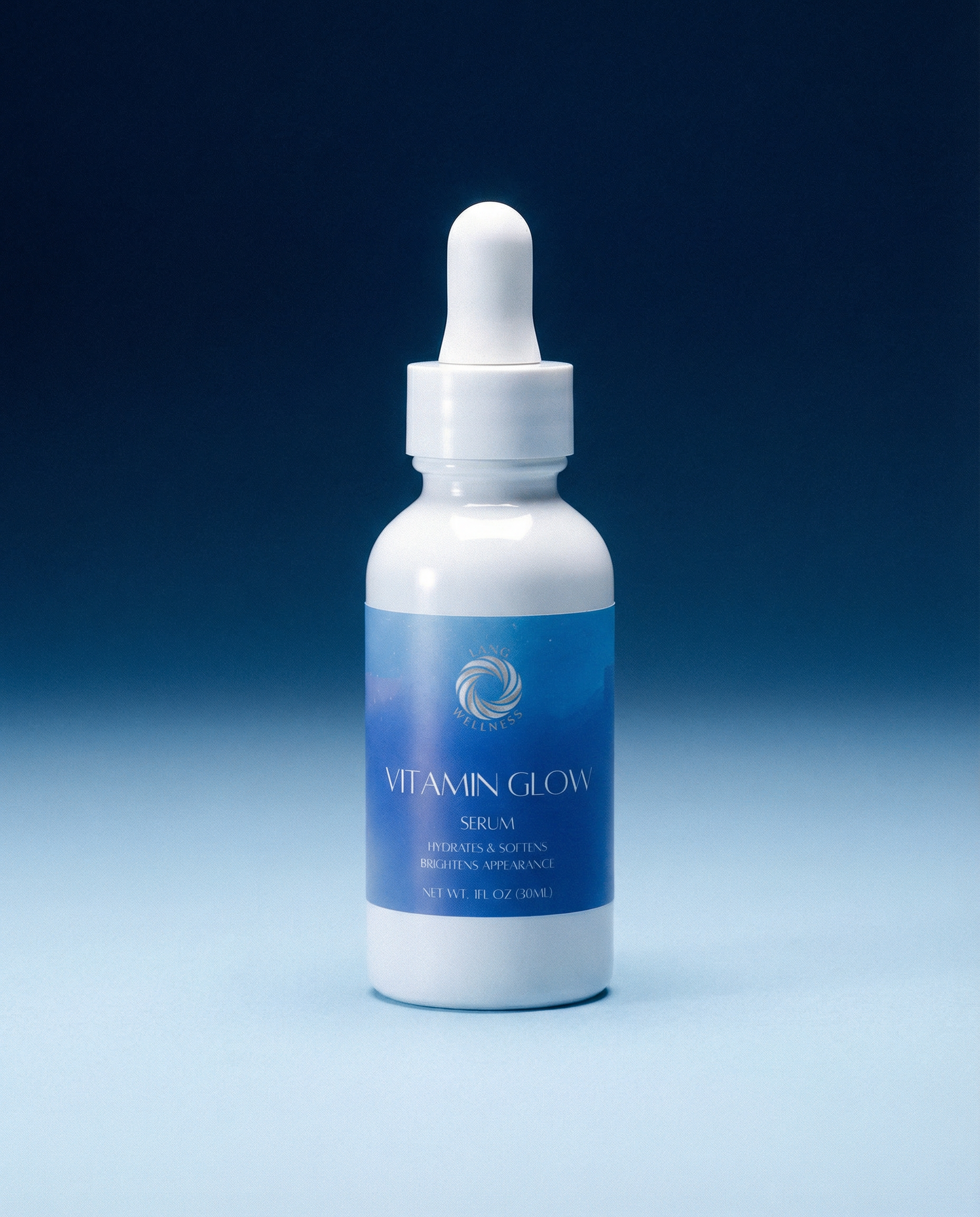 Vitamin glow serum bottle with white dropper, blue label on front