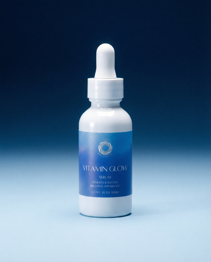 Vitamin glow serum bottle with white dropper, blue label on front