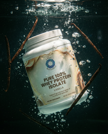 Vanilla whey protein isolate tub with droplets splash detail and cream label