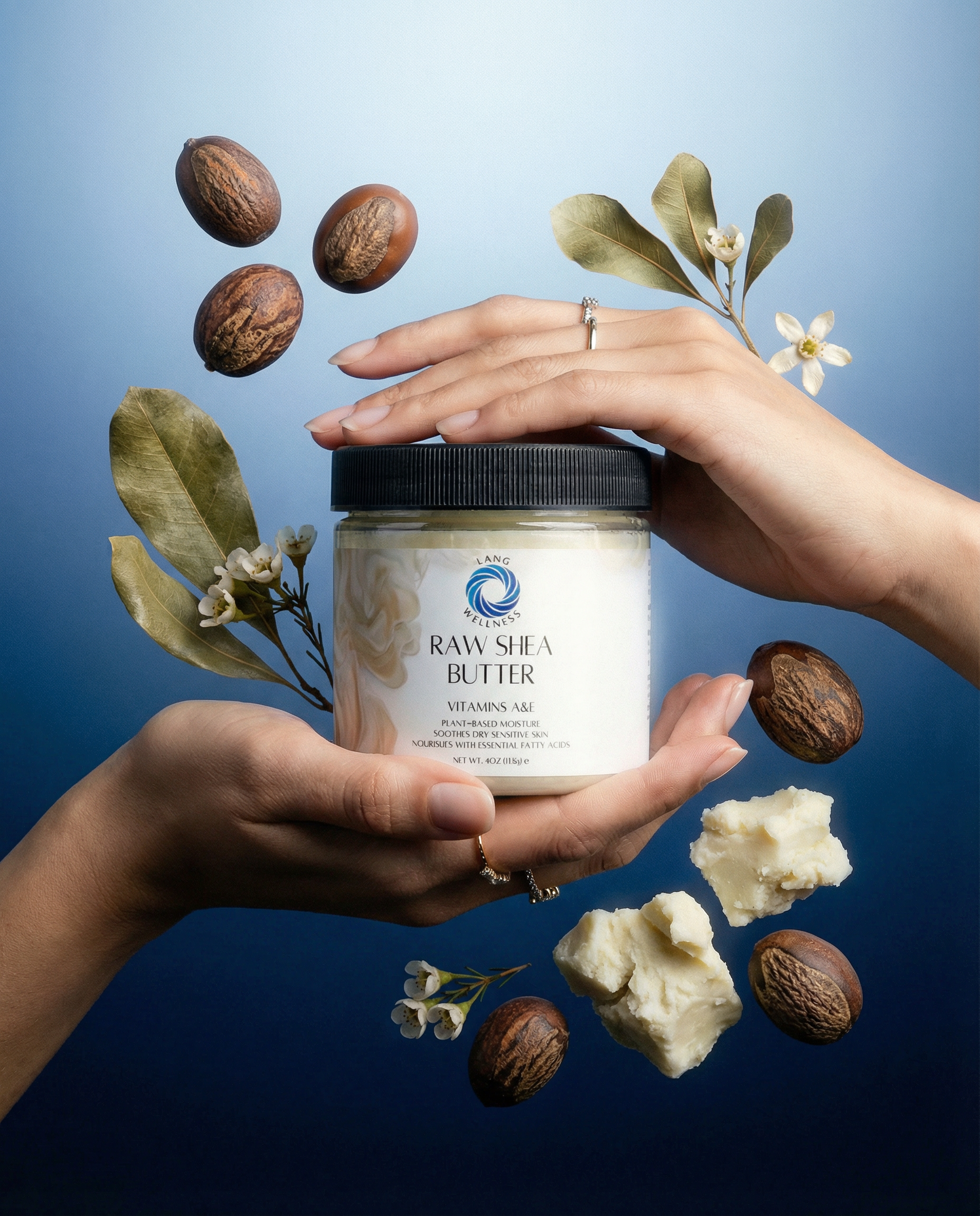 Shea butter jar with black lid, held in two hands, cream inside the container