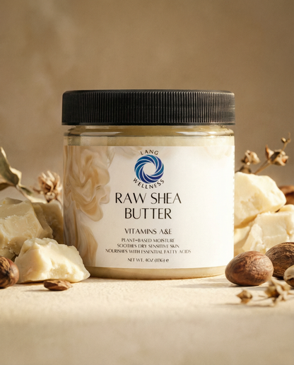 Raw shea butter jar with black lid, front label visible and cream-colored contents