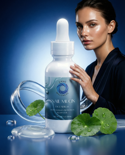 Snail mucin face serum bottle with white pump dropper