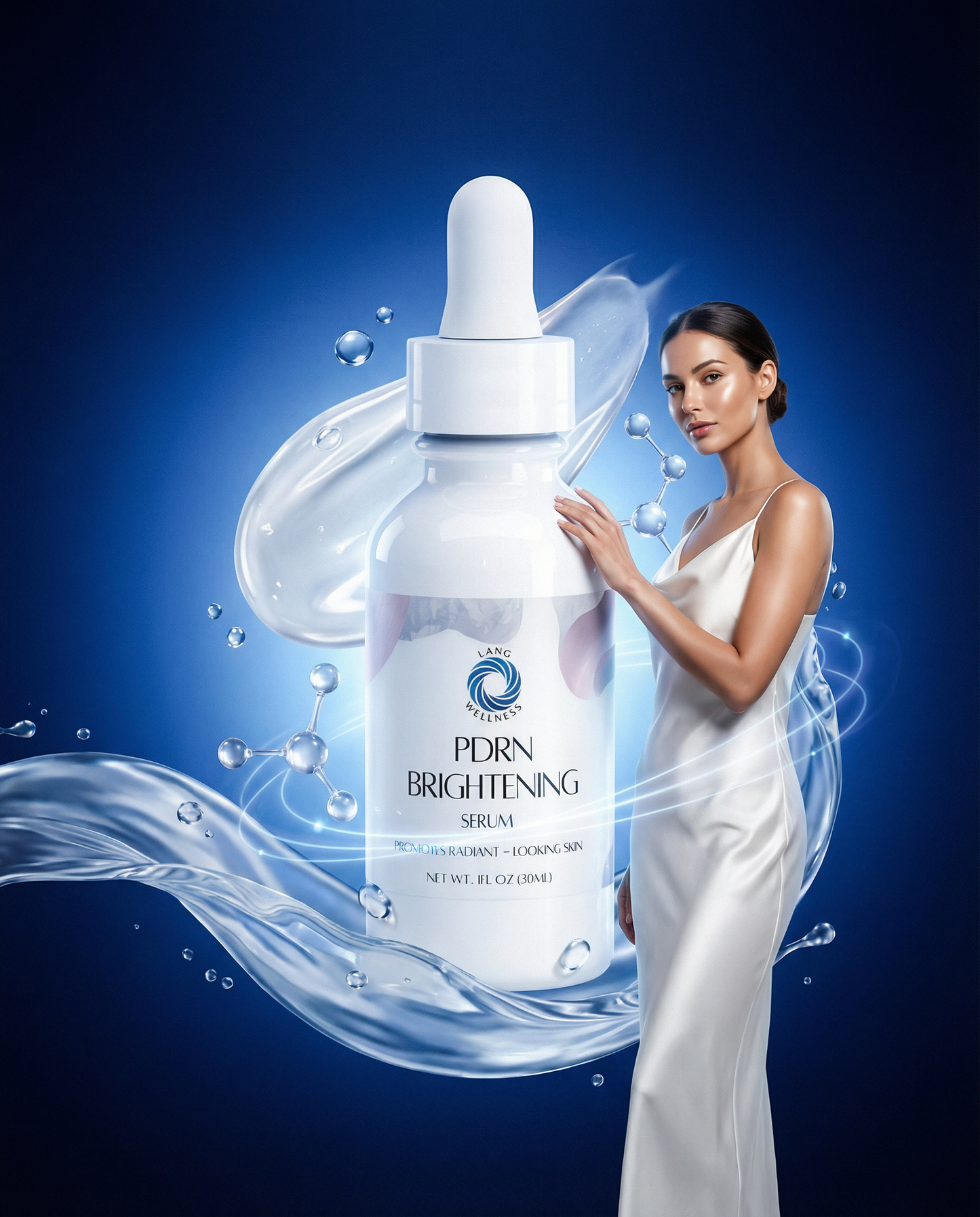 Brightening serum bottle with dropper, white label on clear glass