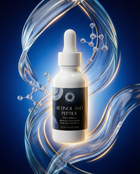 Retinol and peptide face serum bottle with dropper, blue liquid swirl background