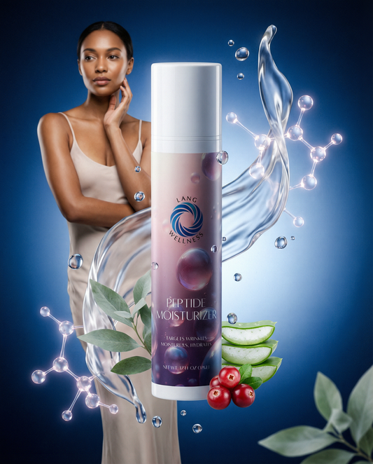 Moisturizer bottle with white cap and purple label, held near a model’s shoulder