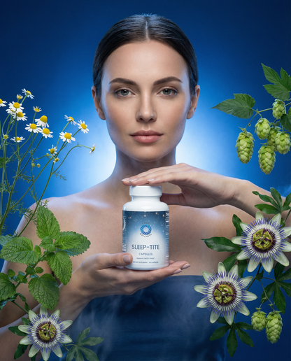 Sleep-Tite capsules bottle with white cap and blue label, held in hands