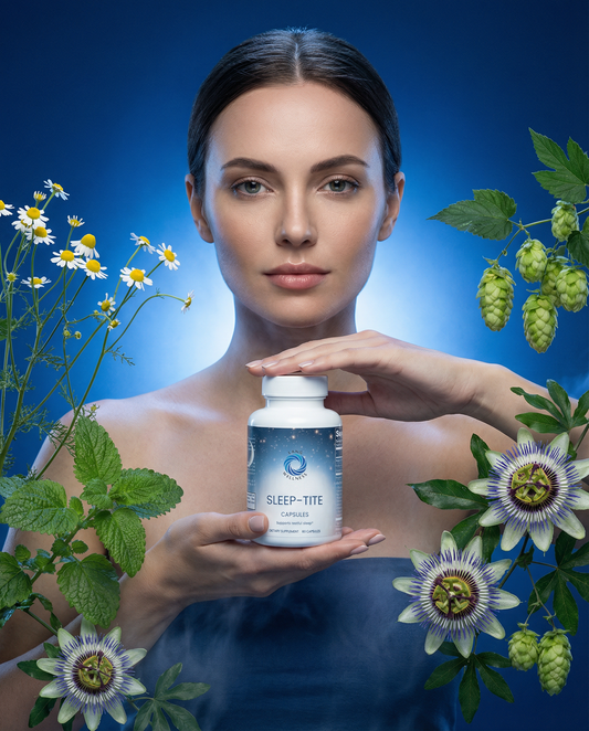 Sleep-Tite capsules bottle with white cap and blue label, held in hands