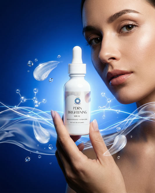 Brightening serum bottle with dropper; white label and cap, clear glass bottle