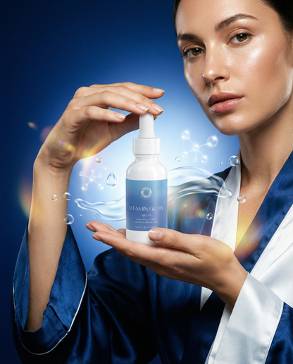 Vitamin glow serum bottle with dropper, held in hands