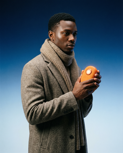 Orange electric hand warmer held in a person’s hands