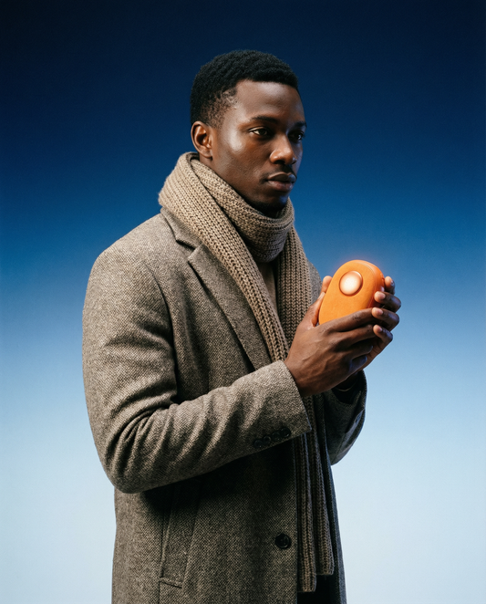 Orange electric hand warmer held in a person’s hands