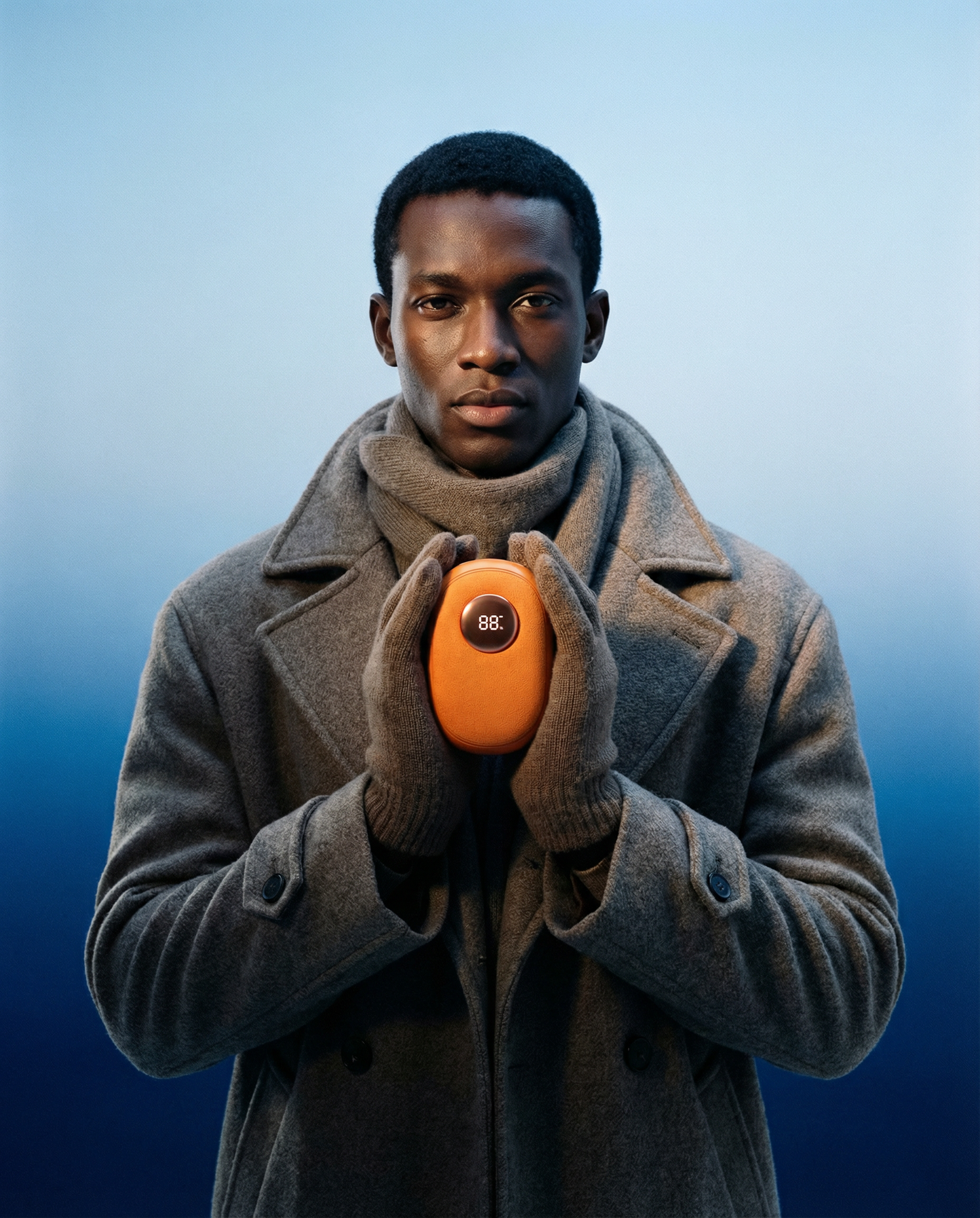 Orange electric hand warmer held in front of chest; digital reads 88°C