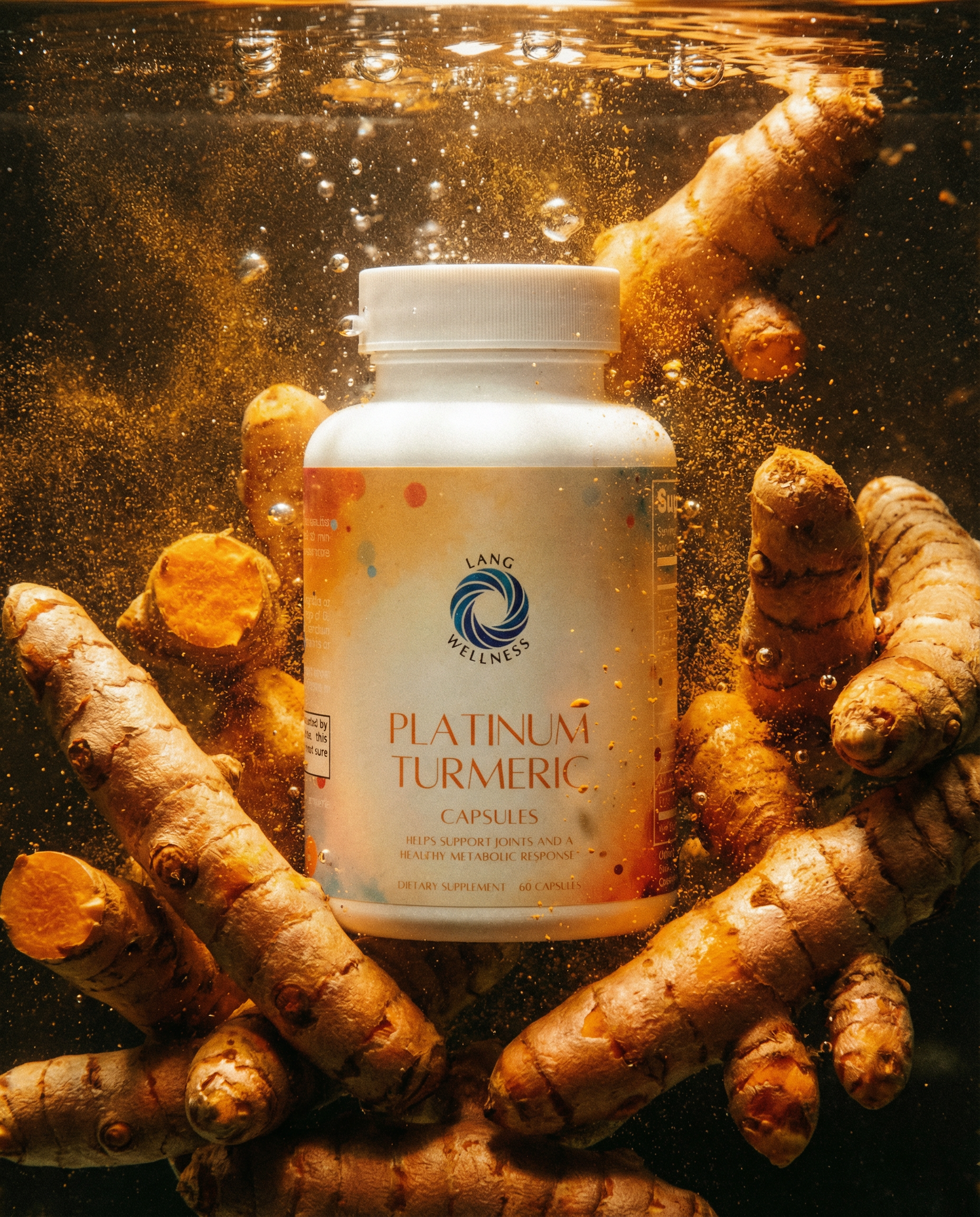 Turmeric capsules bottle with white cap; front label visible