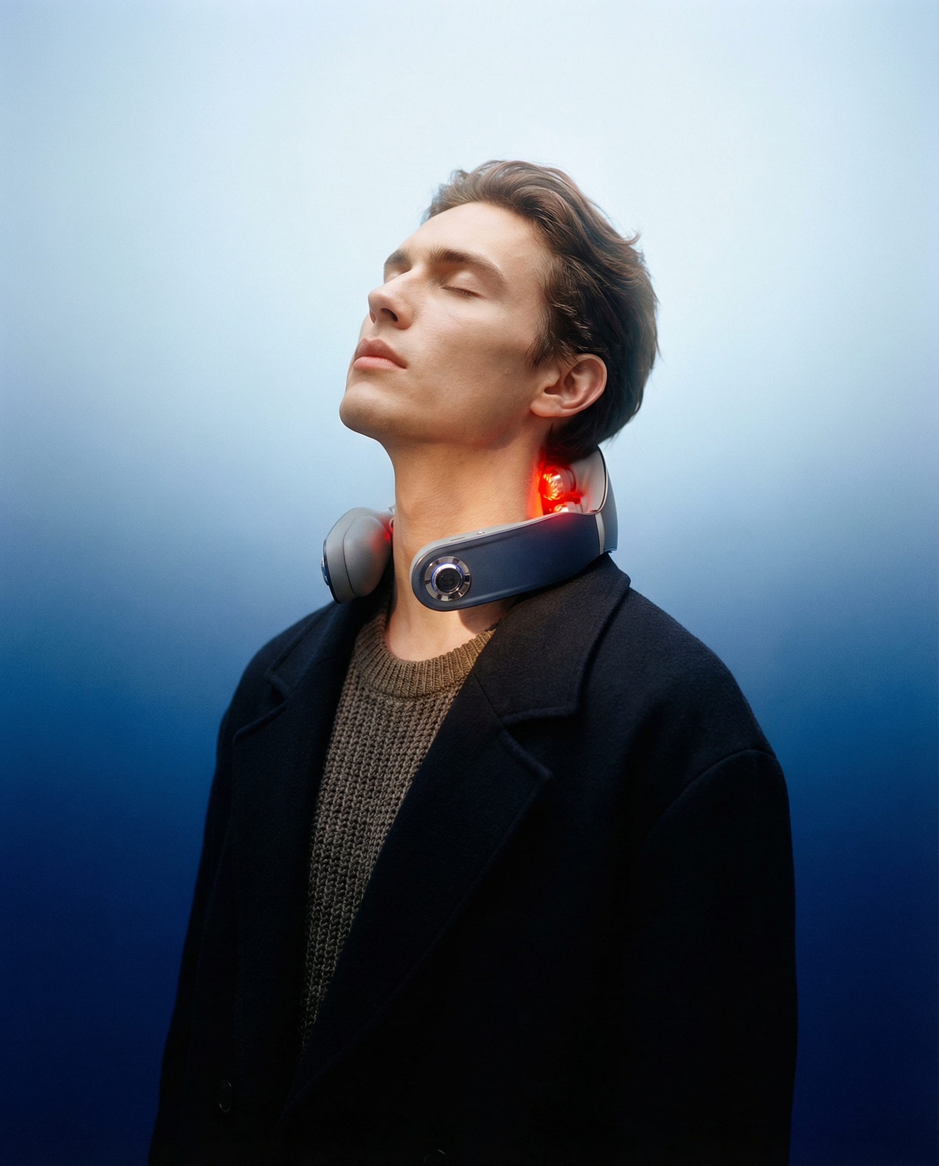 Neck TENS heat therapy collar, dark gray with glowing red heating lights