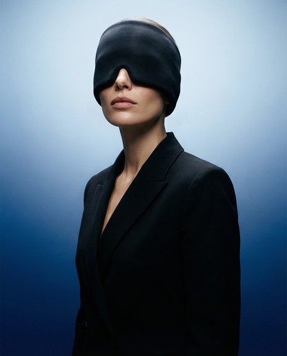 Black gel relief cap with eye opening covering forehead and eyes